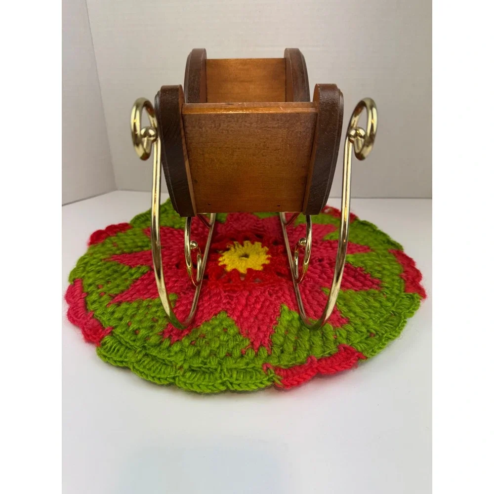 Vintage Wooden Christmas Sleigh Decor Gold Metal Runners Holly Hand Painted 9